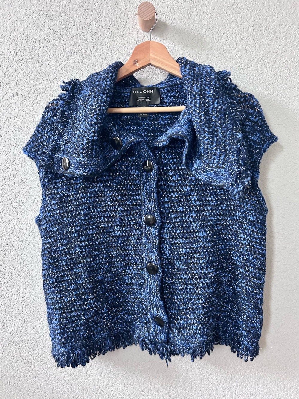 St John for Nordstrom Wool Blend Blue & Black Knit Button Front Vest Size Medium